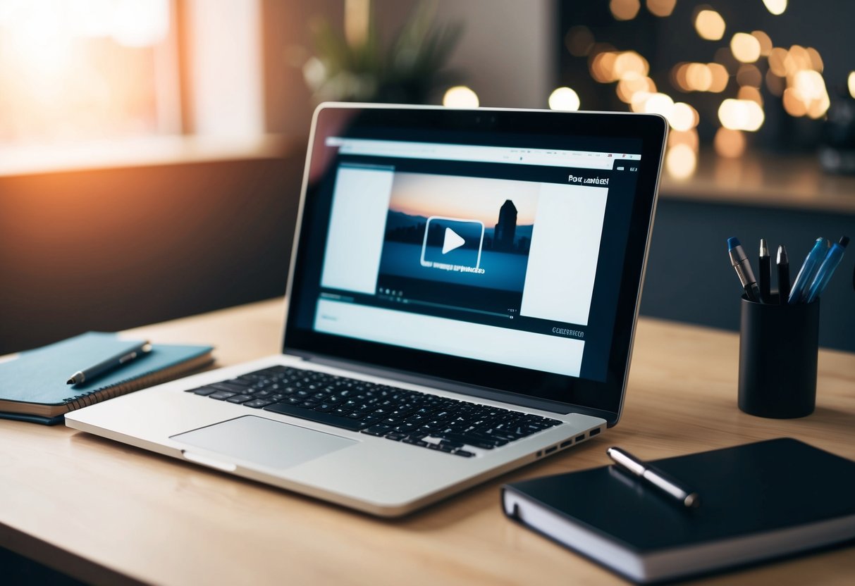 An open laptop displaying a video with closed captions on a desk with a notebook and pen
