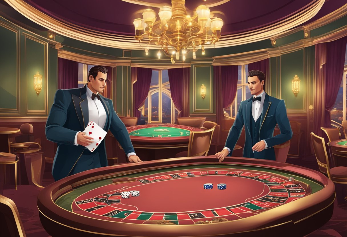 A lavish casino table with a dealer and players, elegant cards and chips, and a tense atmosphere