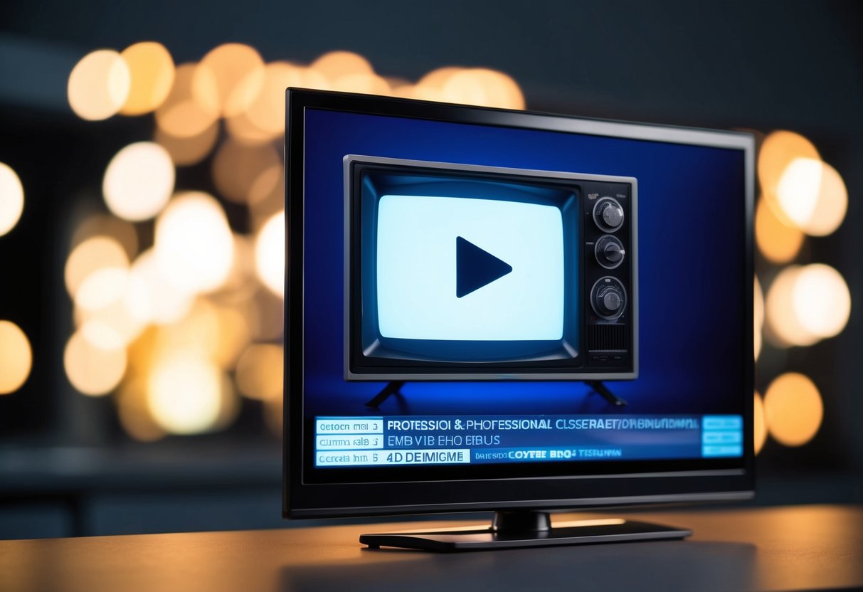 A television screen displaying a video with closed captions and subtitles at the bottom