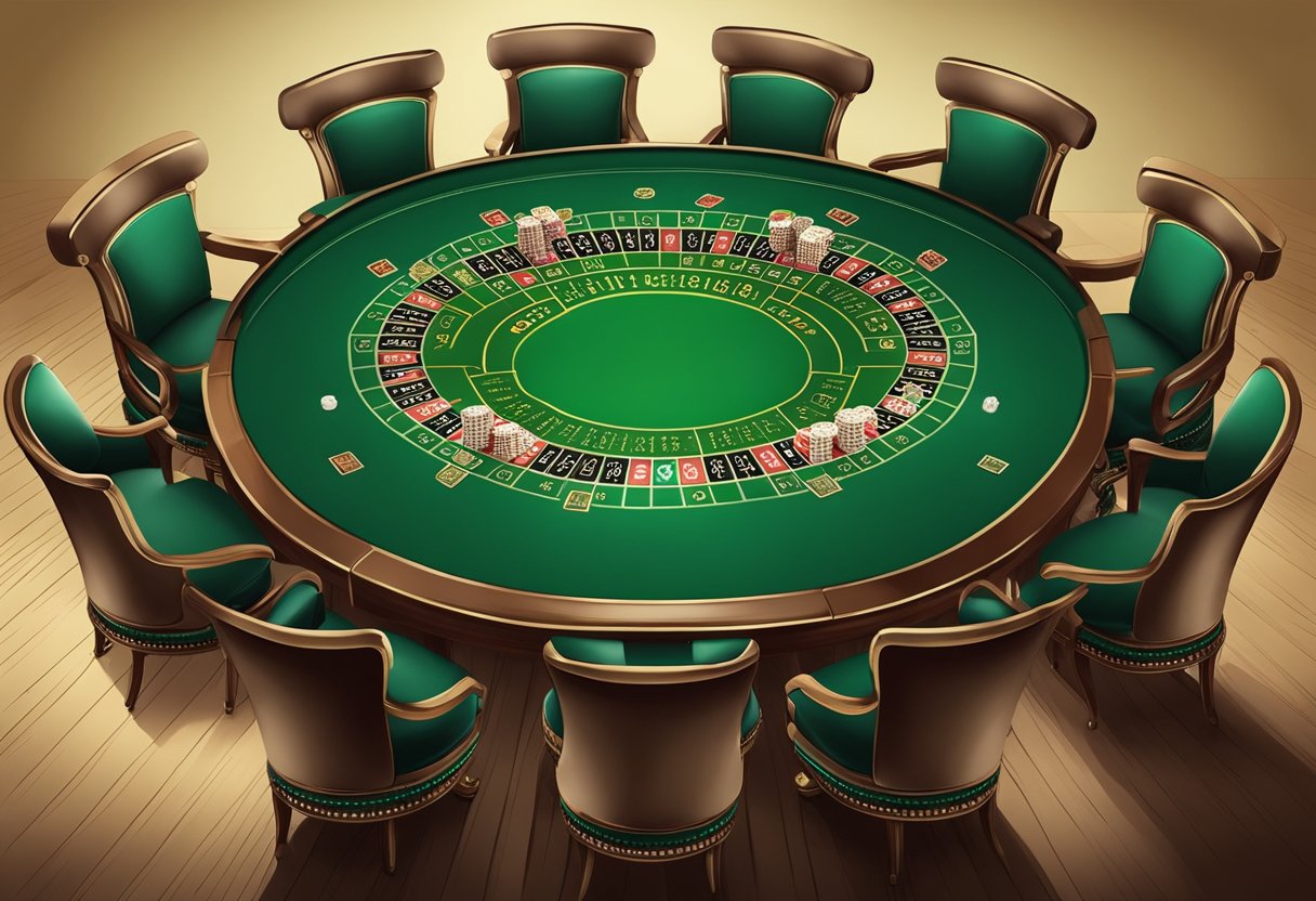 A luxurious casino table with a green felt surface, surrounded by elegant chairs. A deck of cards and a stack of chips sit in the center