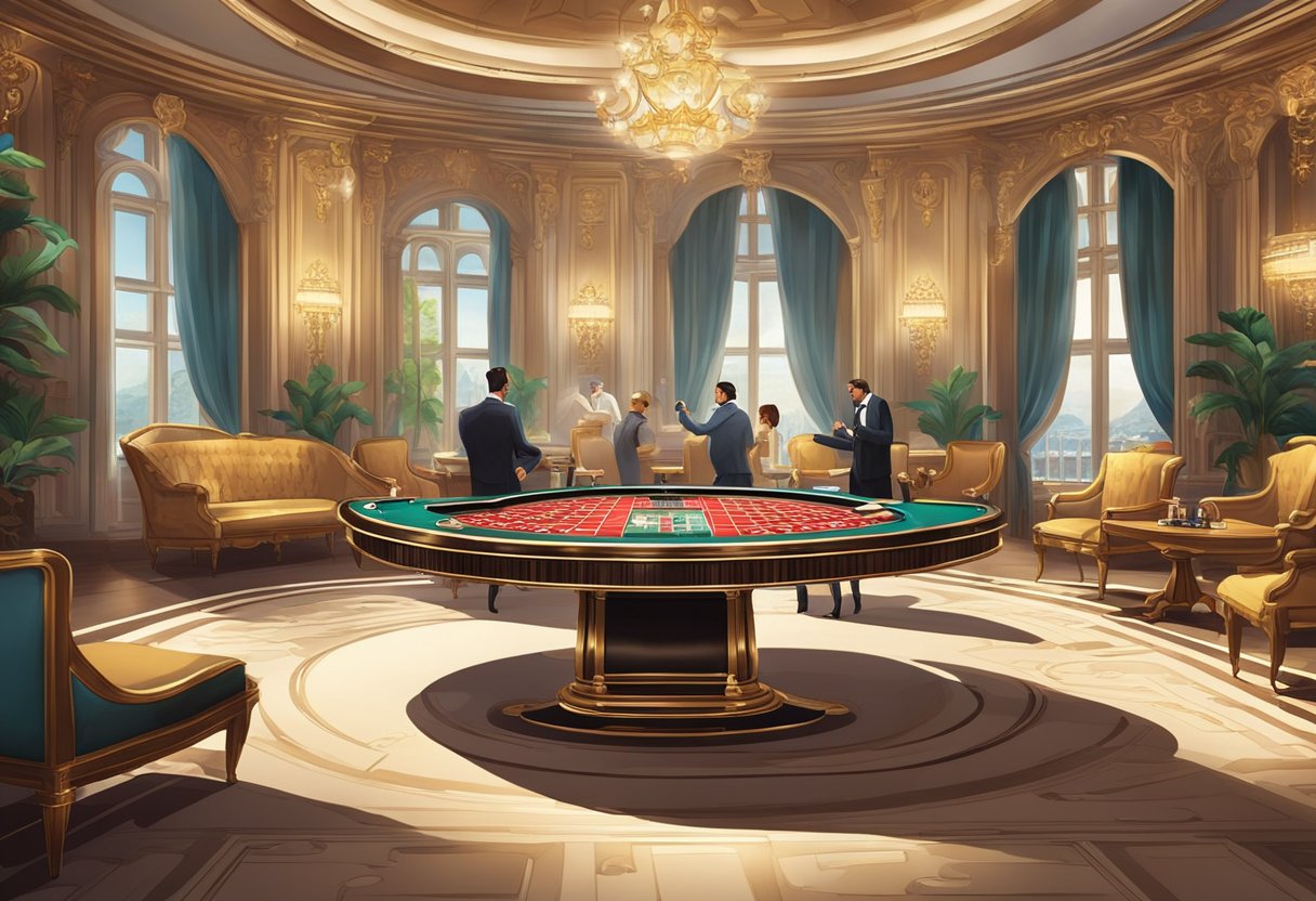 A luxurious casino table with a Punto Banco variant of Baccarat being played, with players and a dealer, surrounded by elegant decor and high-end furnishings