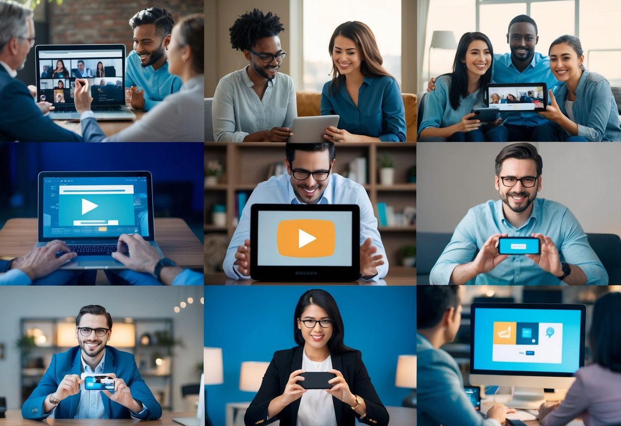 A diverse group of people engage with video content on various devices in different settings, reflecting their interests and demographics