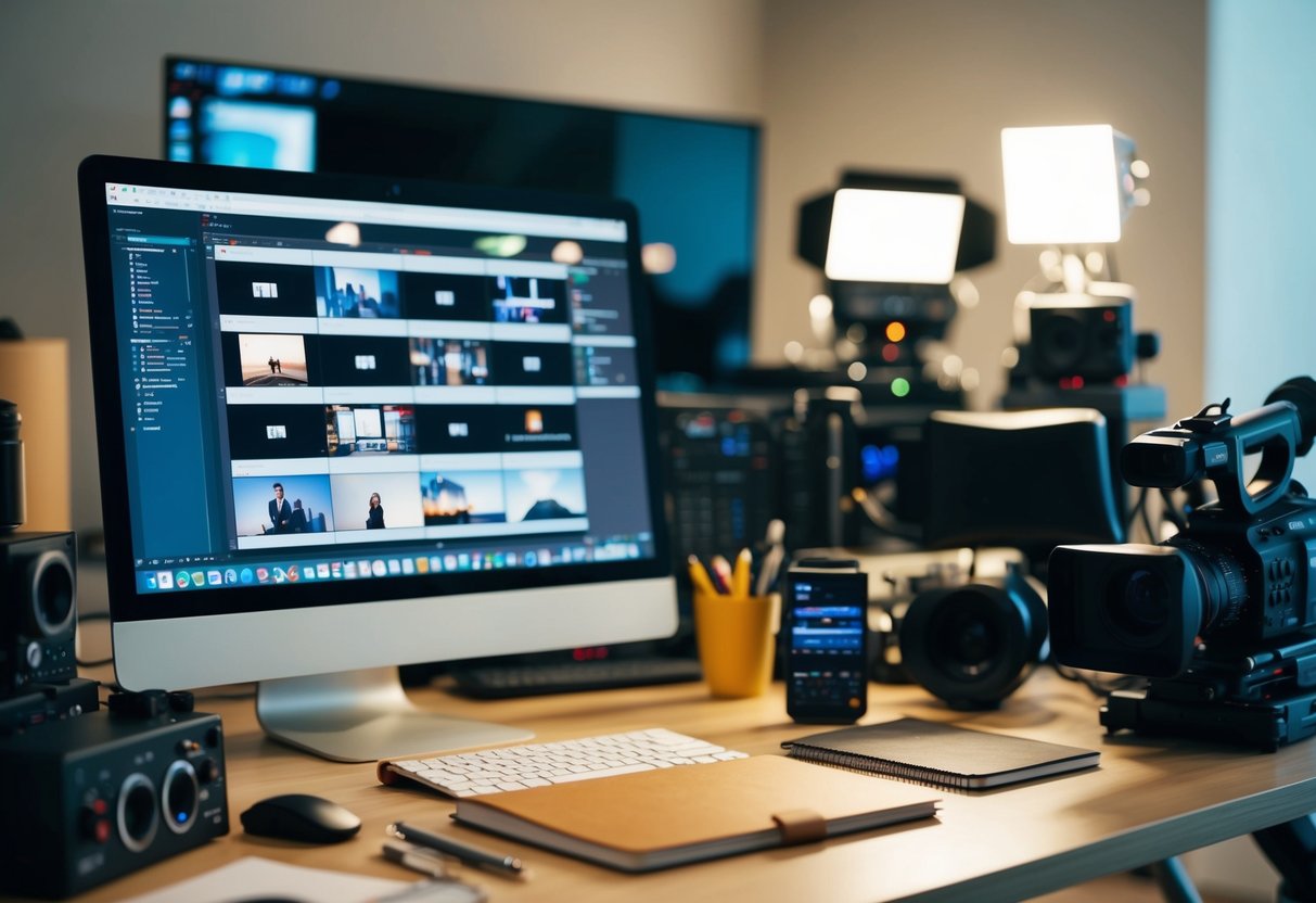 A desk with a computer, notebook, and pen surrounded by various video production equipment and props