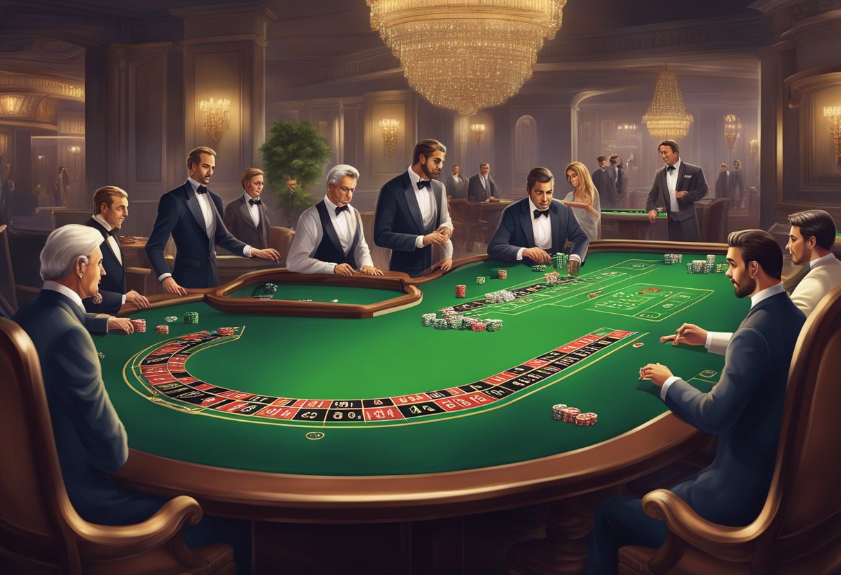 A luxurious casino table with a green felt surface, surrounded by elegant players and a dealer, all focused on a game of Chemin de Fer Baccarat