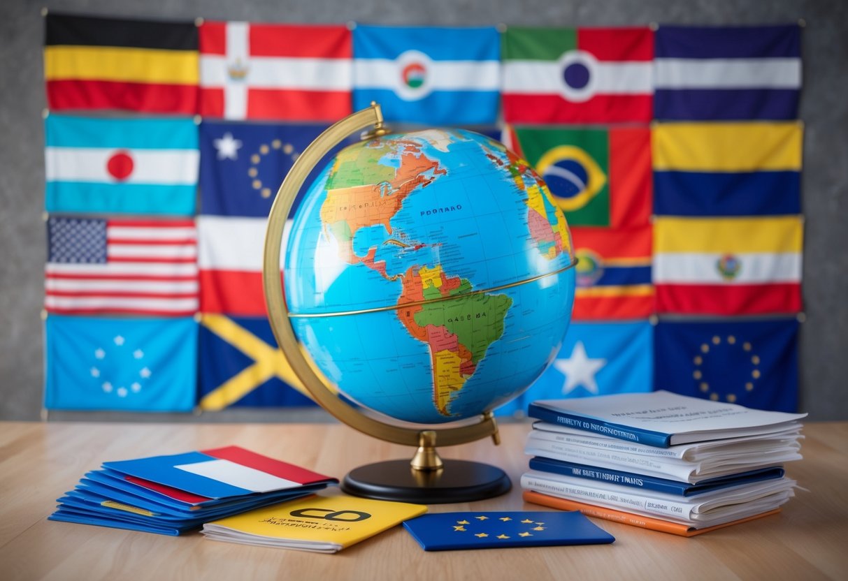 A globe surrounded by a collection of diverse flags, with a stack of international testimonials and case studies next to it