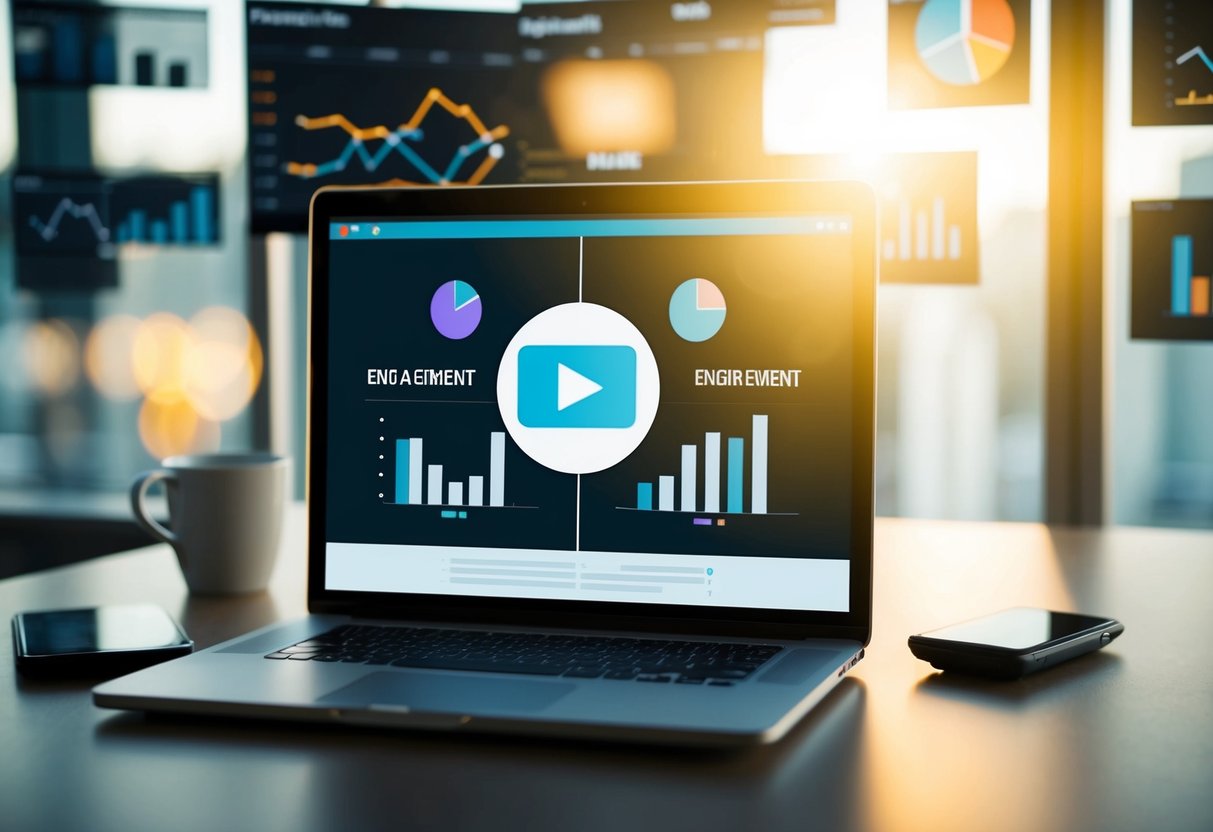 A computer screen with a video player open, surrounded by charts and graphs showing user engagement metrics