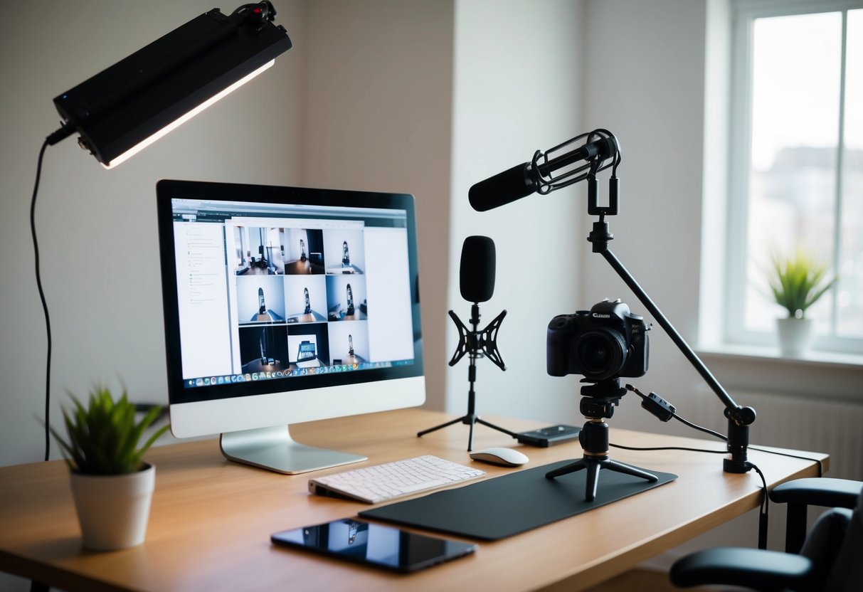 A desk with a computer, camera, microphone, and lighting setup for video content creation