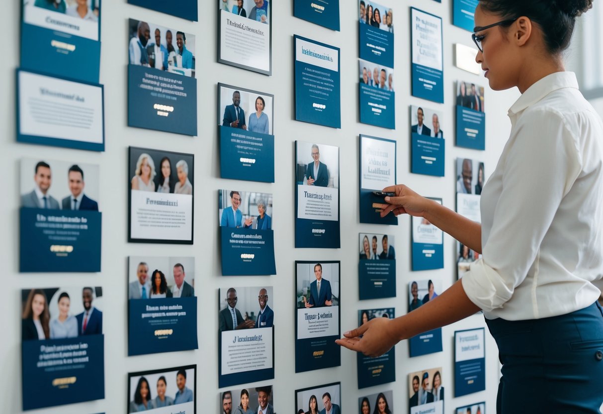 A person organizing a collection of diverse testimonials from around the world, arranging them into a curated display for presentation