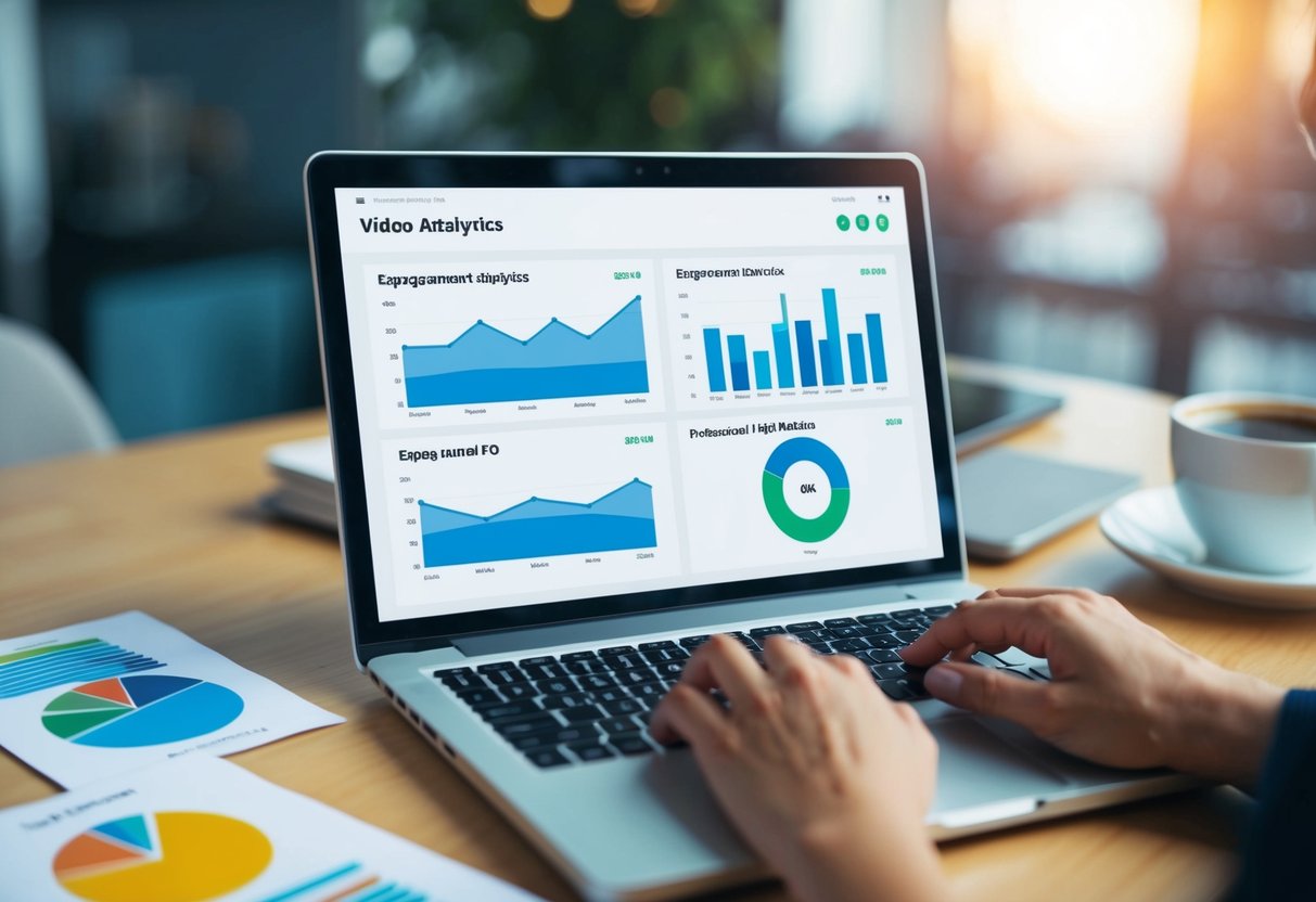 A laptop displaying a video analytics dashboard with engagement metrics, surrounded by charts and graphs