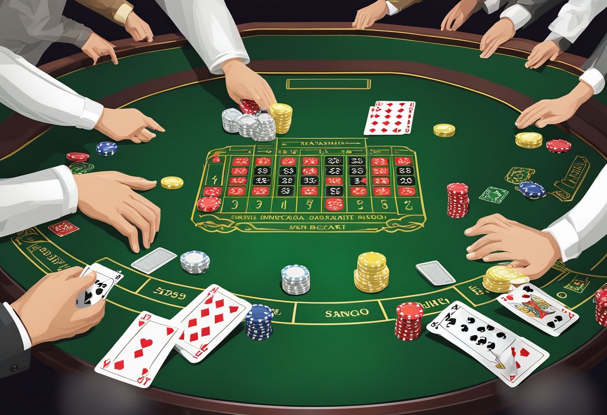 A luxurious casino table with three hands of cards being dealt for a game of Baccarat Banque