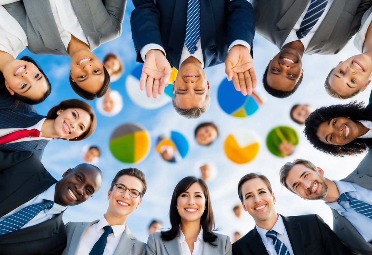 A diverse group of people from different countries sharing their success stories and experiences with a company's products or services