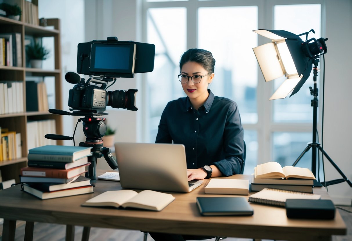 A person at a desk surrounded by various storytelling materials, including books, a laptop, and a notepad, with a camera and lighting equipment set up for video content creation