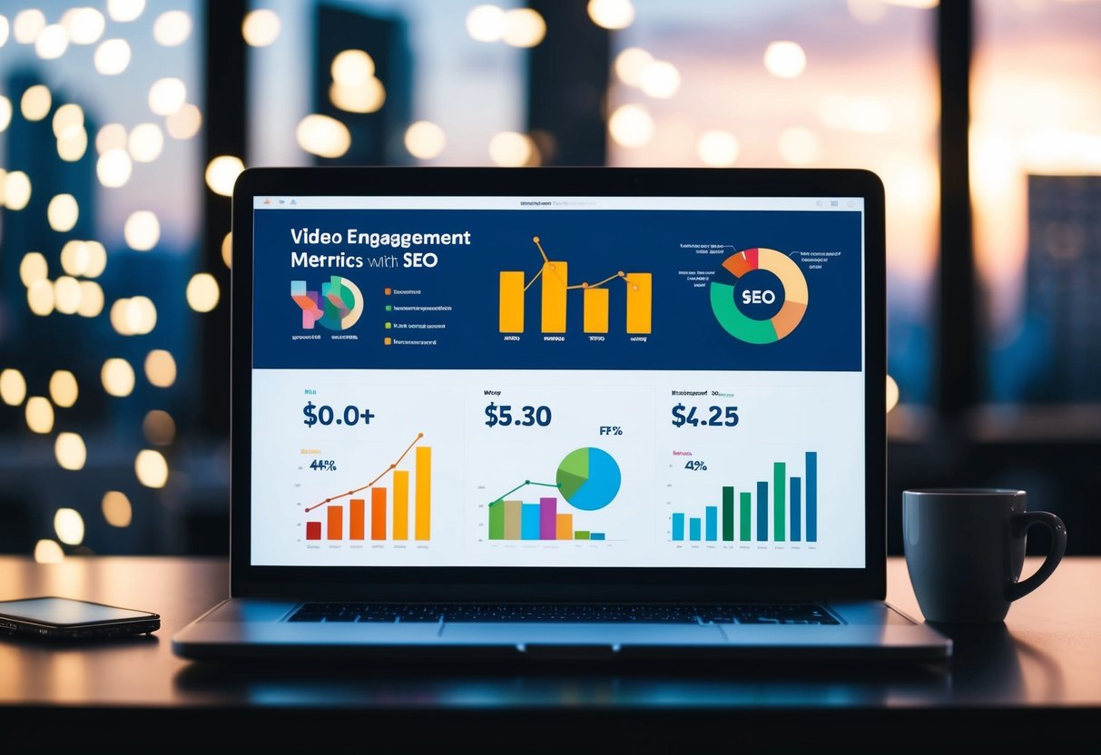 A computer screen displaying video engagement metrics with SEO graphs and charts