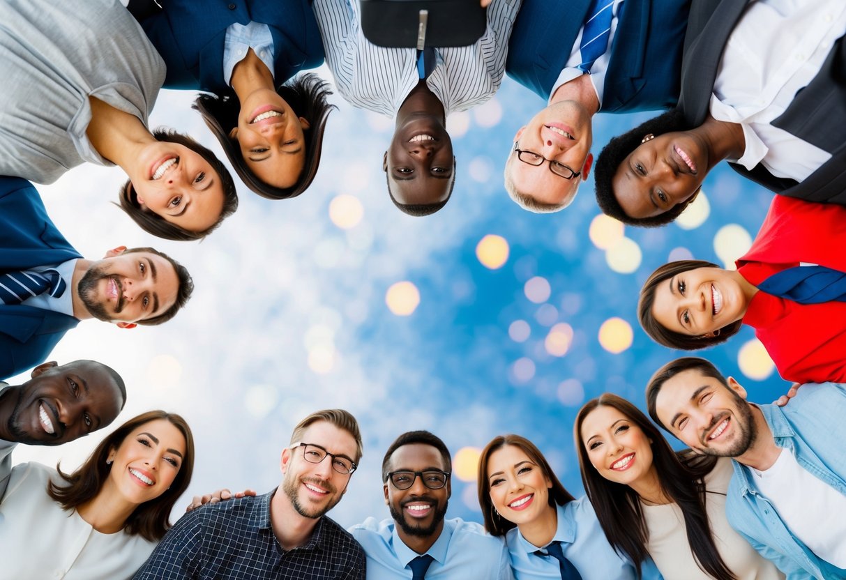 A diverse group of people from different countries sharing positive experiences and success stories about a product or service