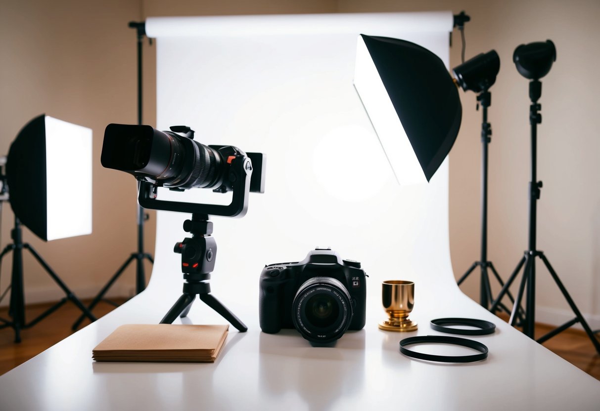 A studio setup with lighting, camera, and props for video content creation