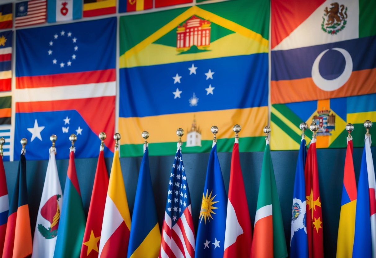 A diverse group of flags from around the world displayed on a wall, with various cultural symbols and landmarks in the background