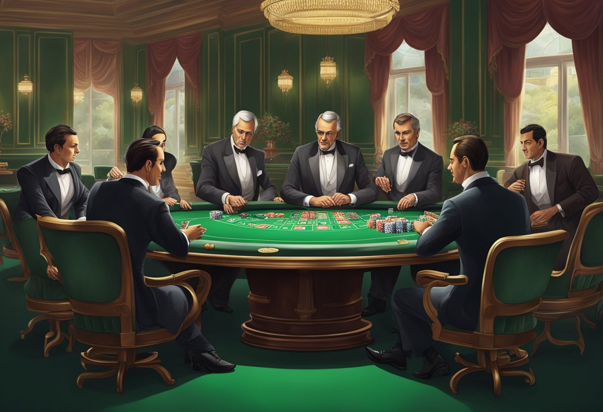 A group of elegant figures seated around a green baize table, with a dealer dealing out cards in a luxurious casino setting