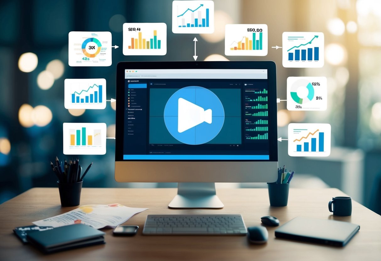 A computer screen displaying a video with high engagement metrics, surrounded by graphs and charts showing SEO benefits