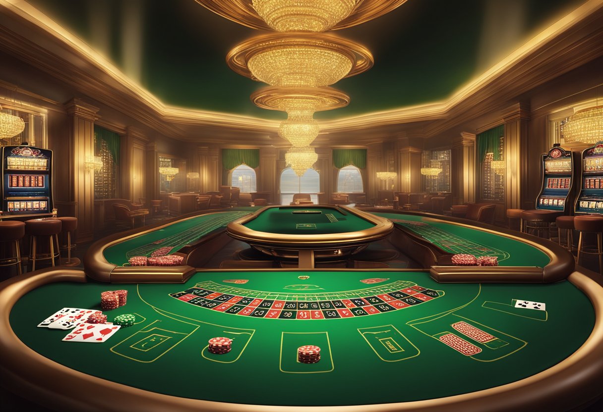 A luxurious casino table with a sleek and elegant baccarat setup, including the iconic green felt, cards, and chips, under the warm glow of overhead lights