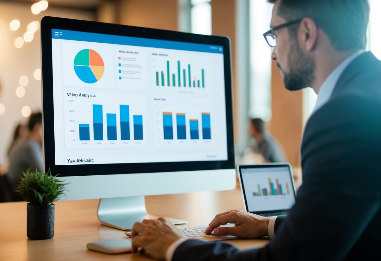 A computer screen displaying video analytics graphs and charts