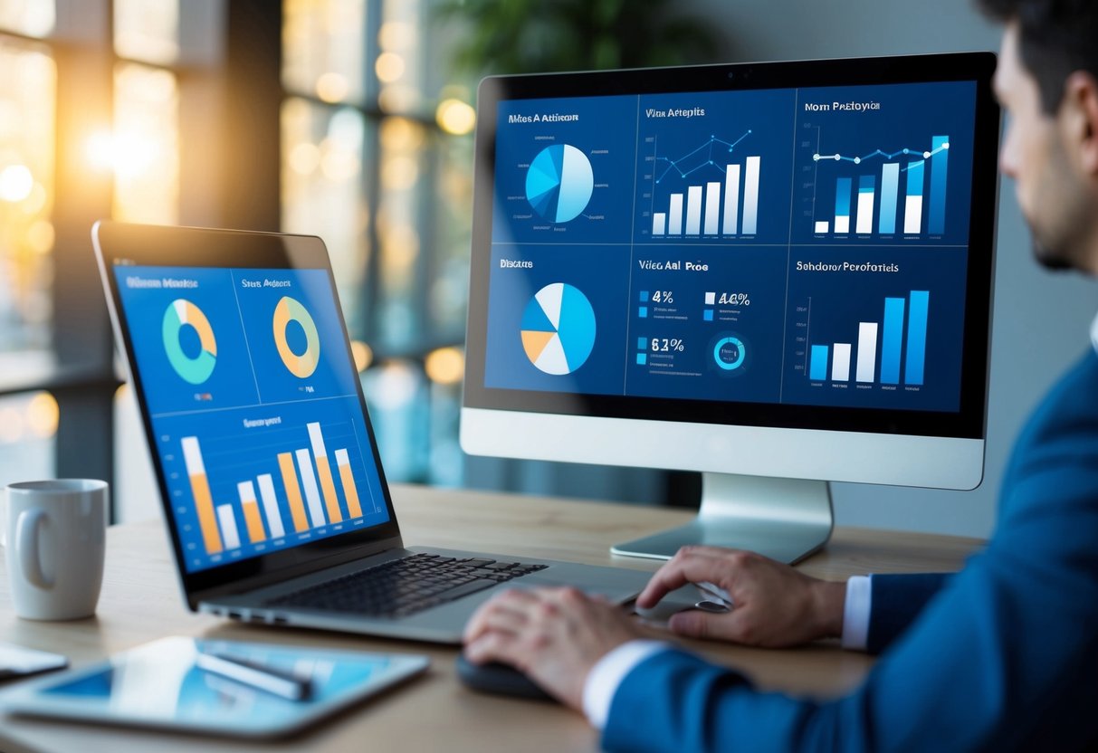 A computer monitor displaying various graphs and charts related to video SEO analytics. A mouse cursor hovers over the data, indicating analysis in progress