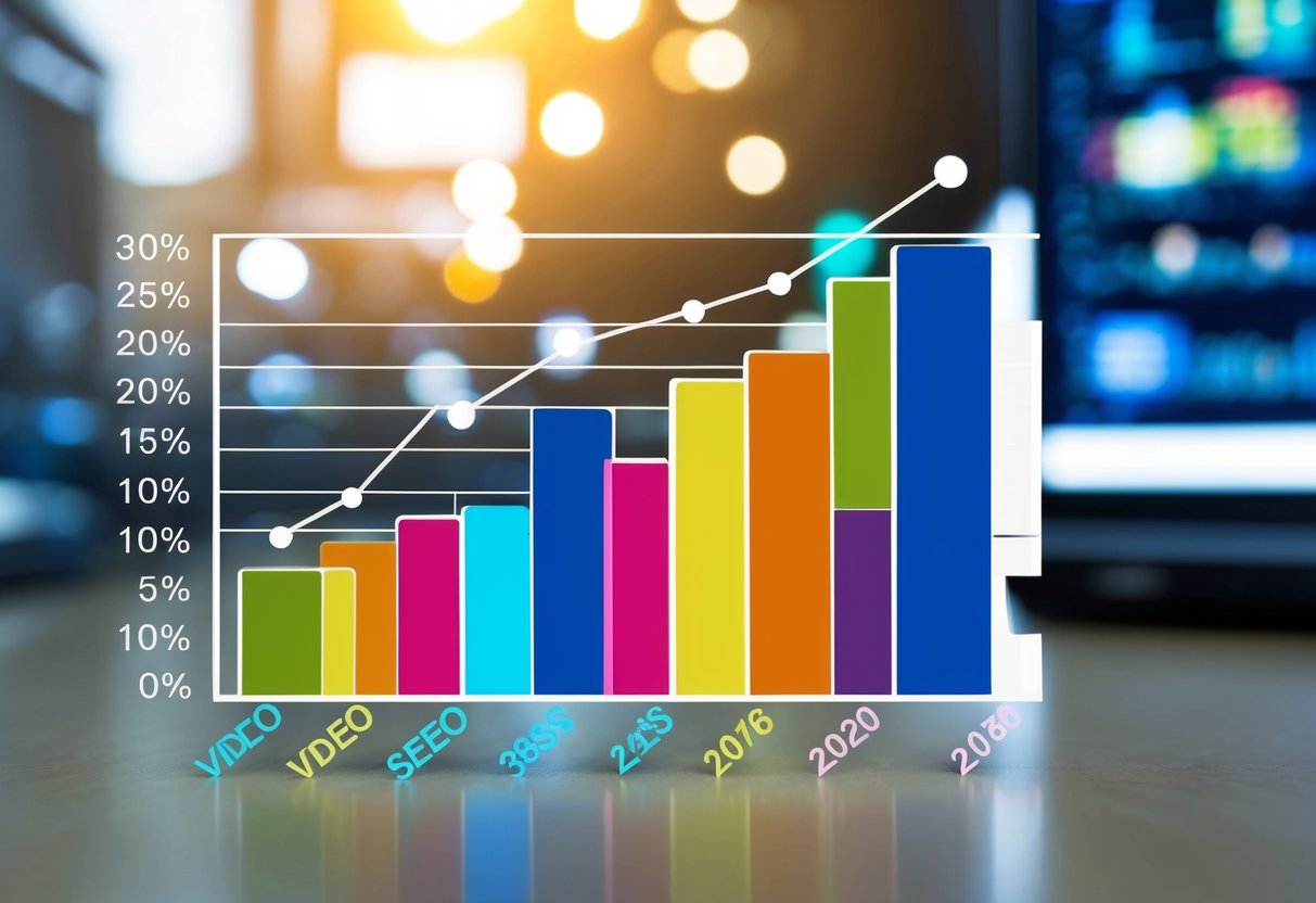 A bar graph displaying video SEO KPIs with various metrics and analytics data
