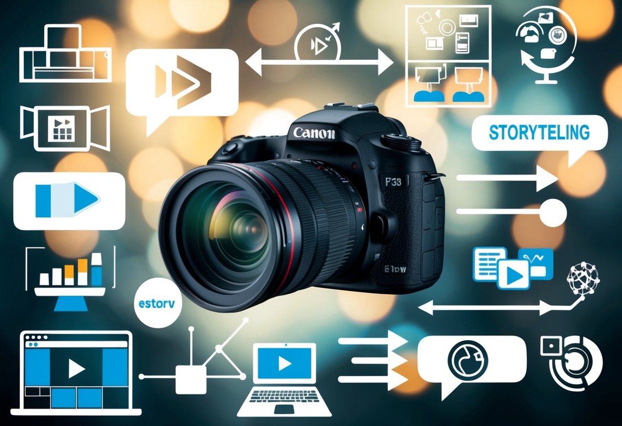 A camera capturing various objects and symbols related to storytelling, video editing tools, and marketing elements arranged in a visually appealing composition