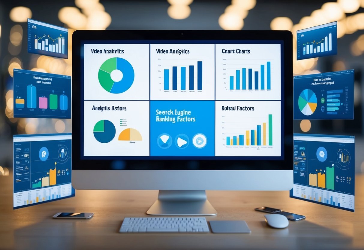 A computer screen displaying various video analytics charts and graphs, surrounded by search engine ranking factors related imagery