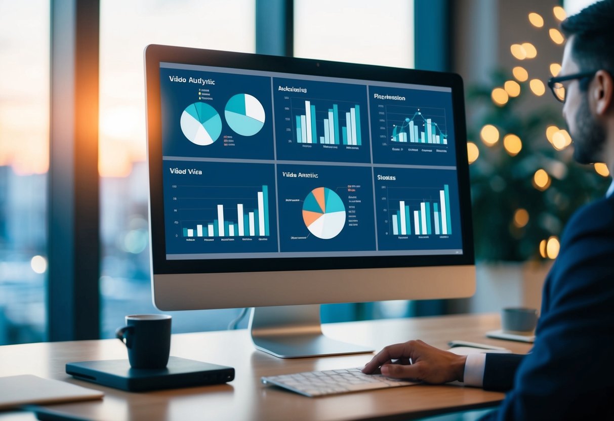 A computer screen displaying various video analytics charts and graphs