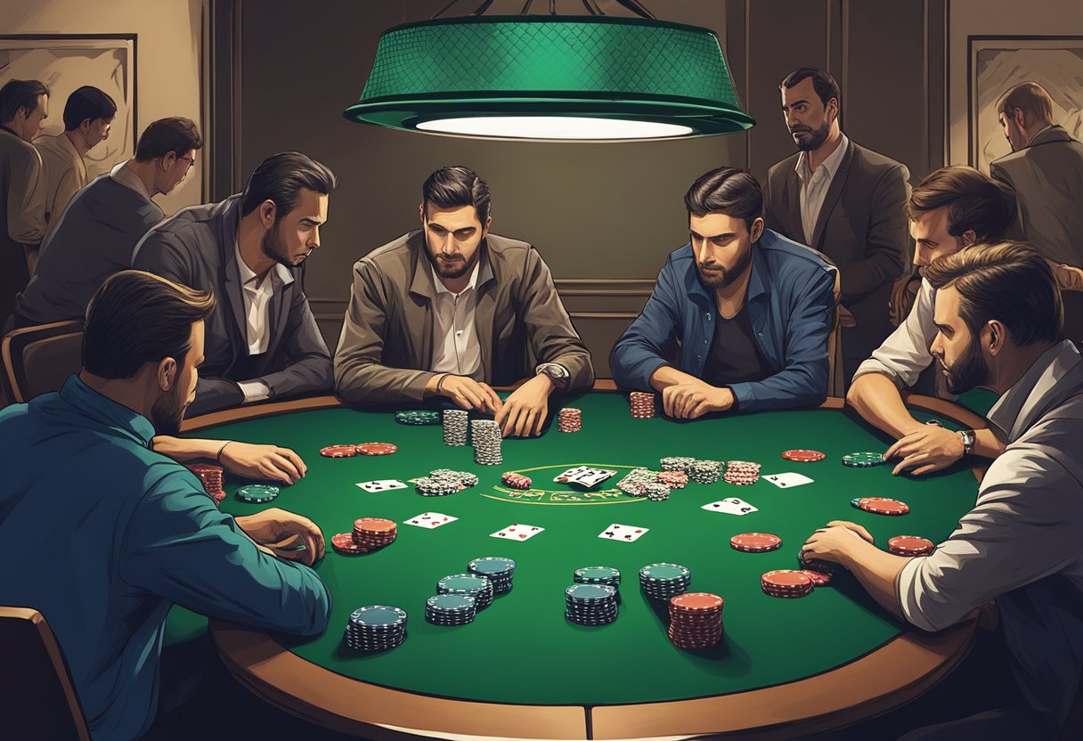 A group of poker players strategizing around a table, with intense focus and anticipation