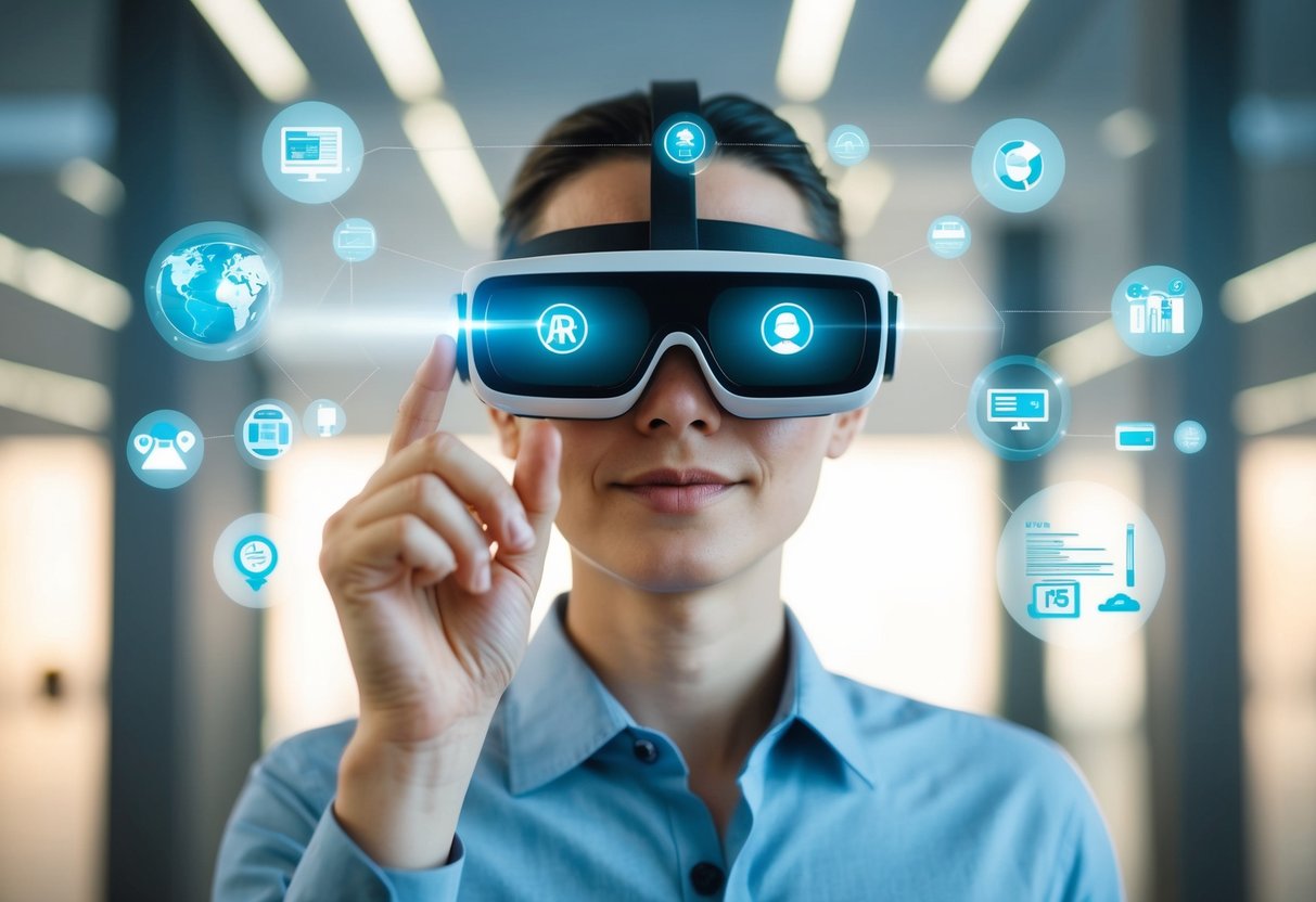 A person wearing AR glasses interacts with virtual objects in a global marketing environment