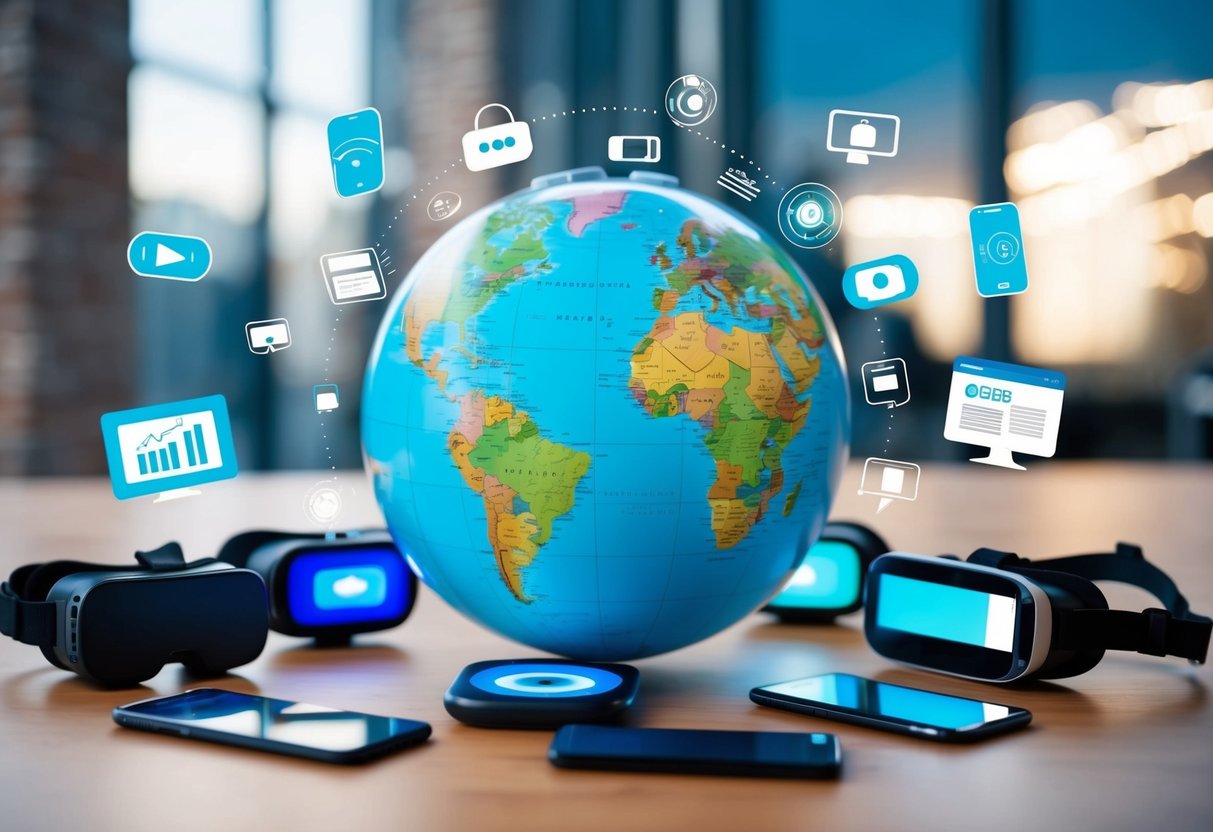 A globe surrounded by virtual reality headsets and augmented reality devices, with digital marketing content floating around it
