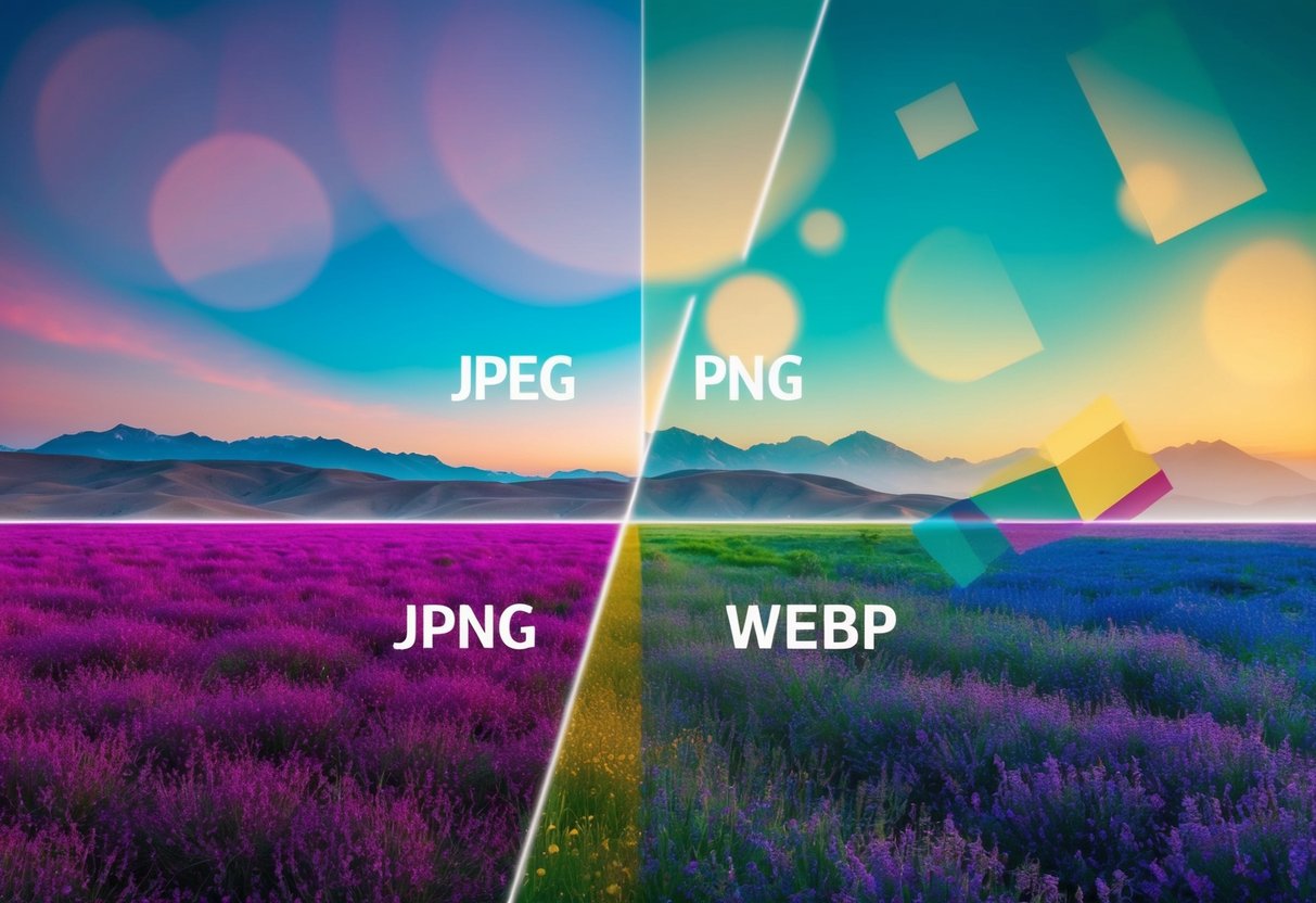 A colorful abstract landscape with a mix of geometric shapes and organic patterns, representing the comparison between JPEG, PNG, and WebP image file formats