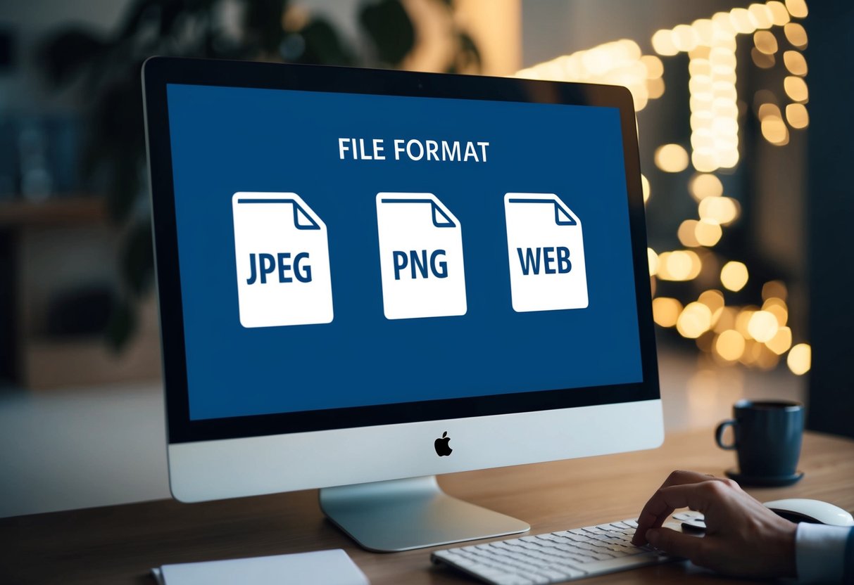 A computer screen displaying three file format icons: JPEG, PNG, and WebP, with a cursor hovering over the PNG icon