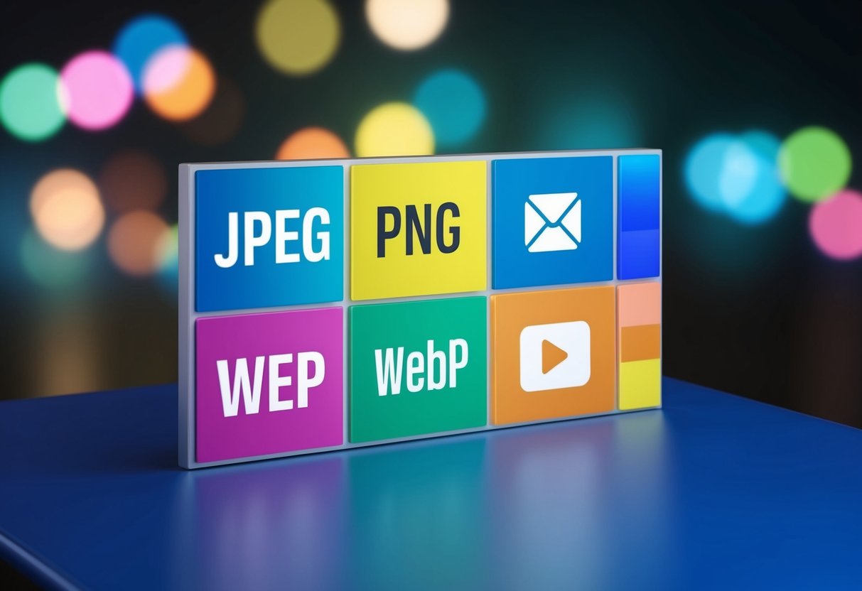 A colorful palette of JPEG, PNG, and WebP icons arranged on a digital canvas