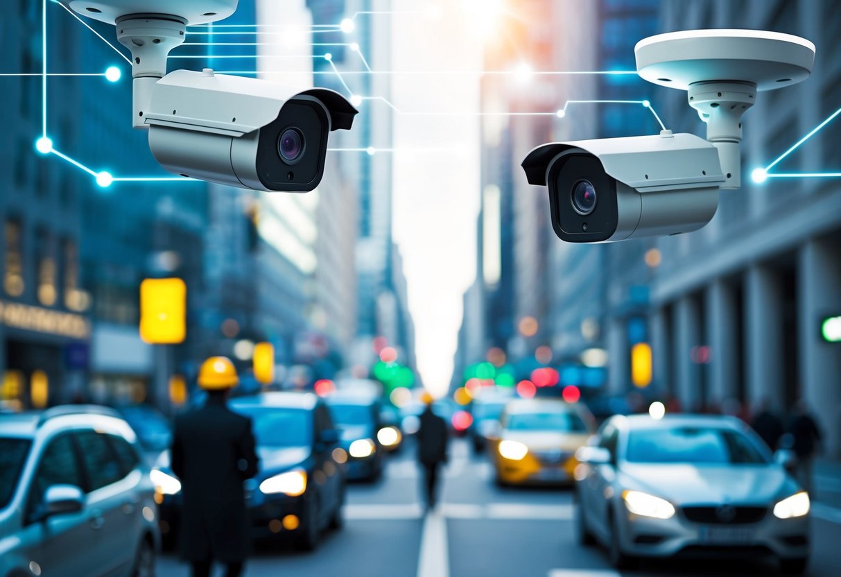 A network of interconnected cameras and sensors monitor a bustling city street, capturing data on pedestrian and vehicle movement