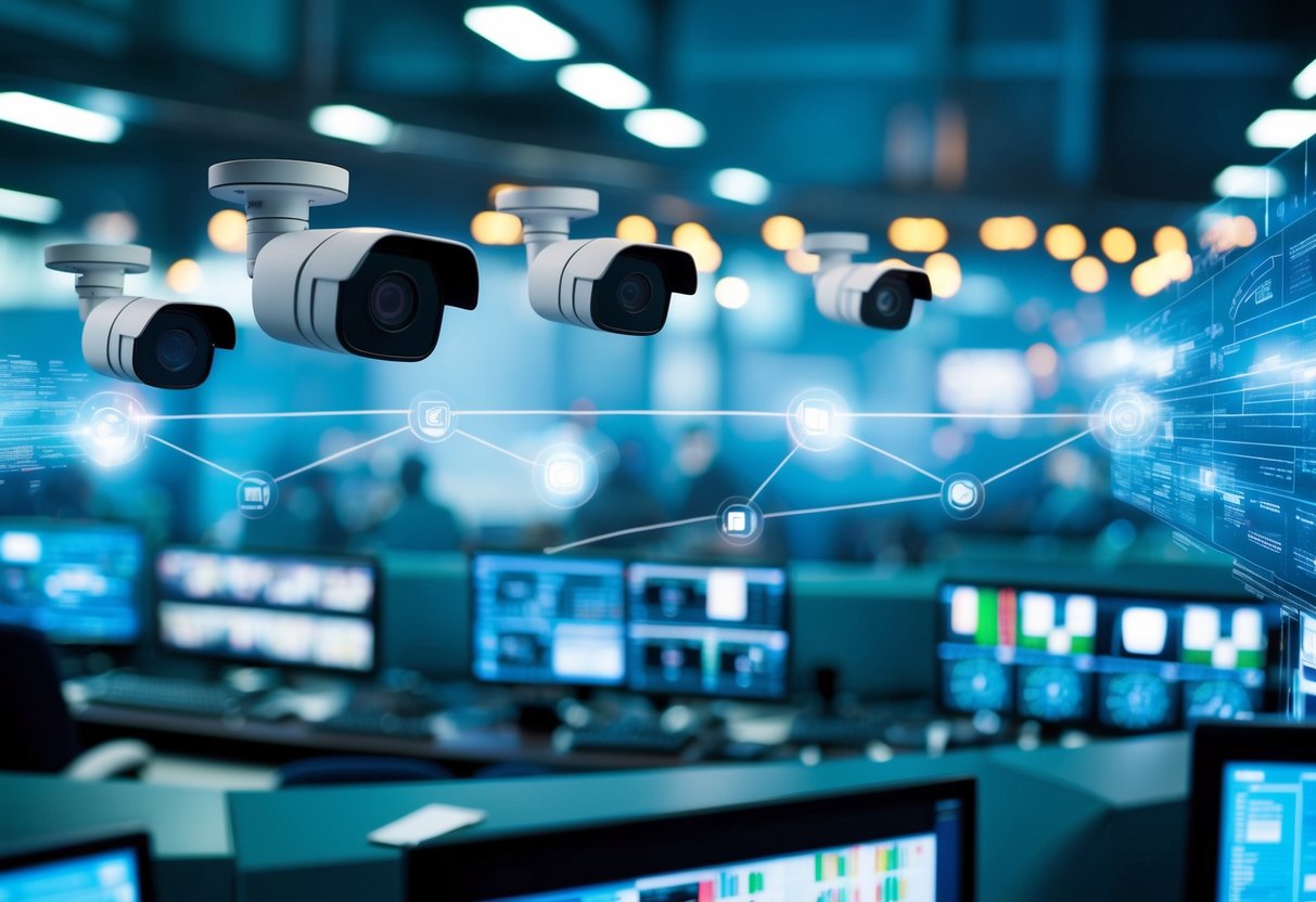 A network of interconnected cameras capturing and analyzing video data in a control room