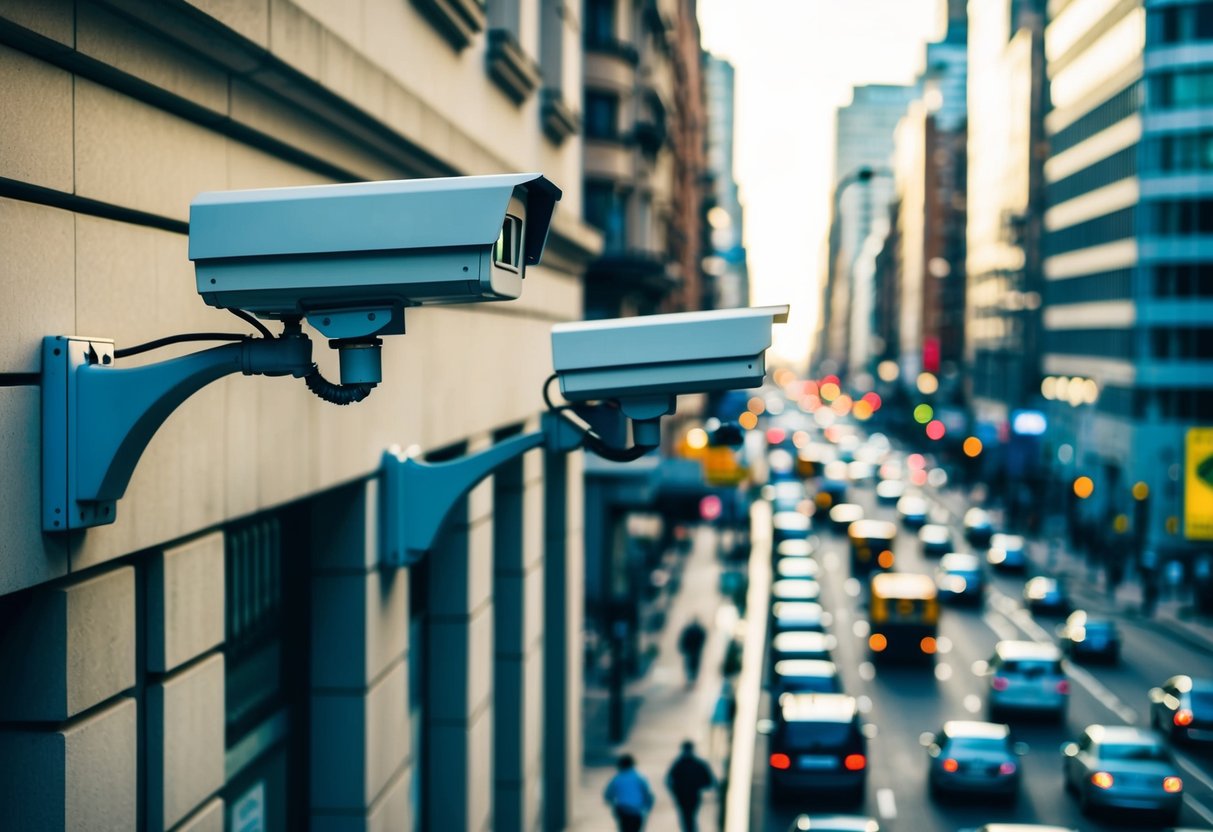 A bustling city street with surveillance cameras mounted on buildings, capturing the movement of vehicles and pedestrians