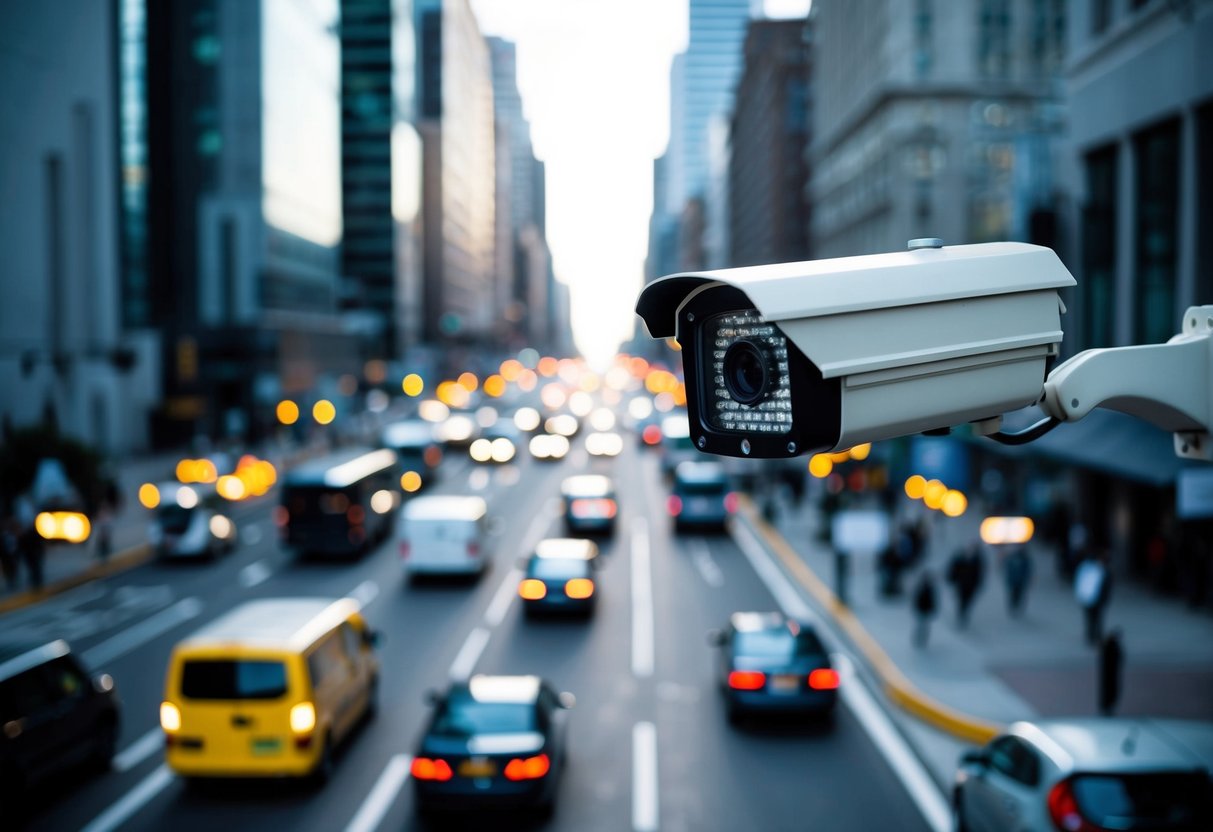 A surveillance camera overlooking a busy city street, with vehicles and pedestrians moving in different directions