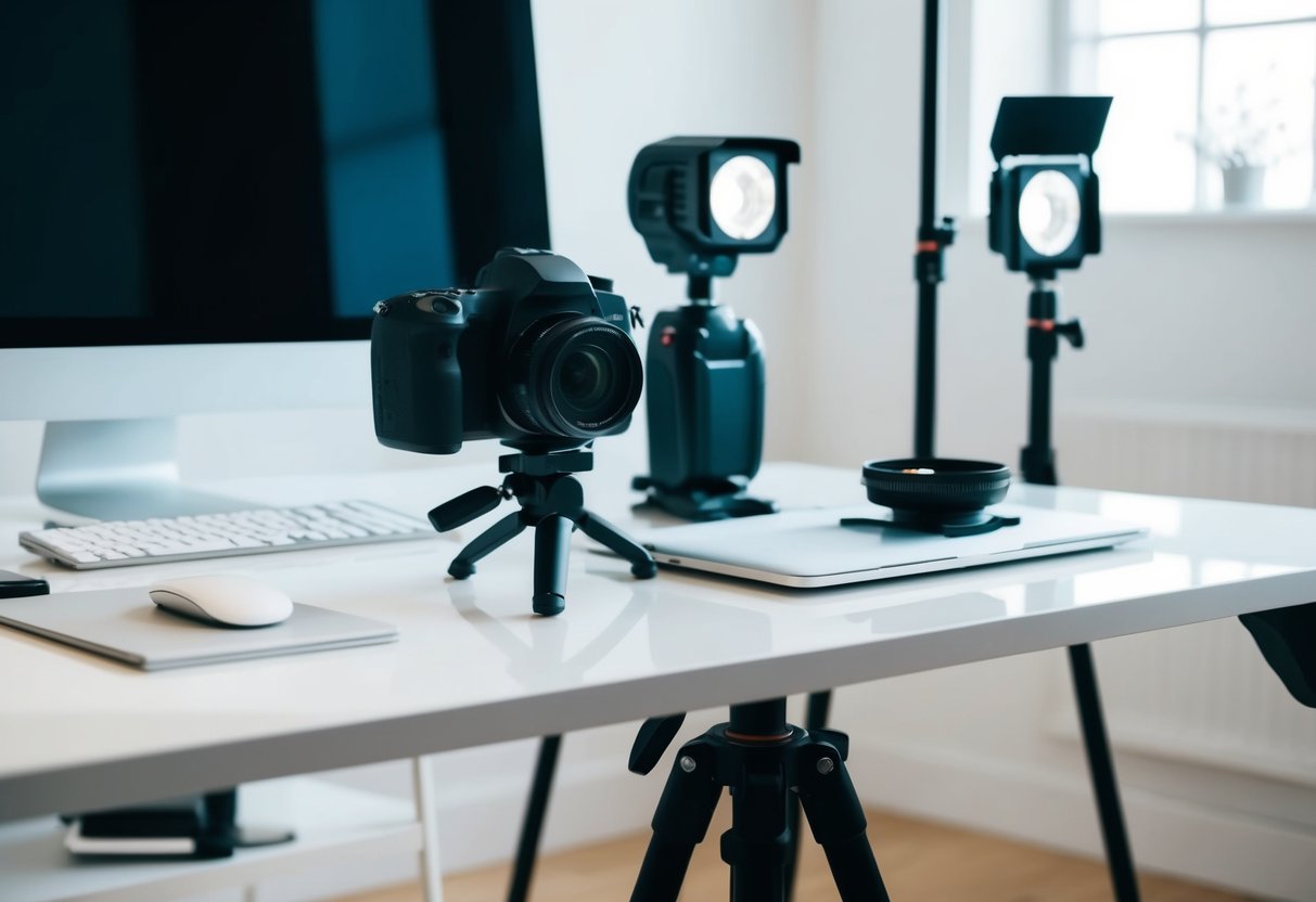 A camera, tripod, lighting equipment, and computer monitor arranged on a clean, well-lit workspace