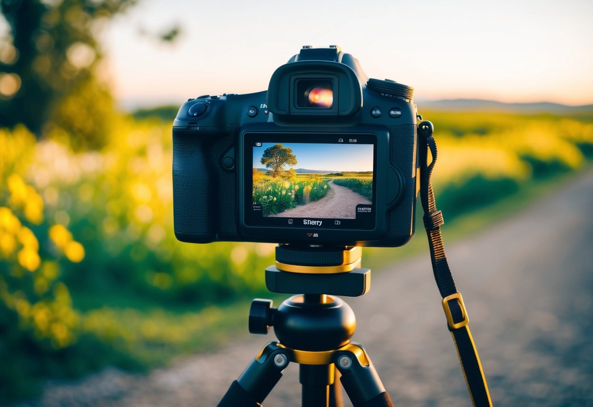 A camera on a tripod capturing a vibrant landscape with clear focus and sharp details, using natural lighting for optimal clarity