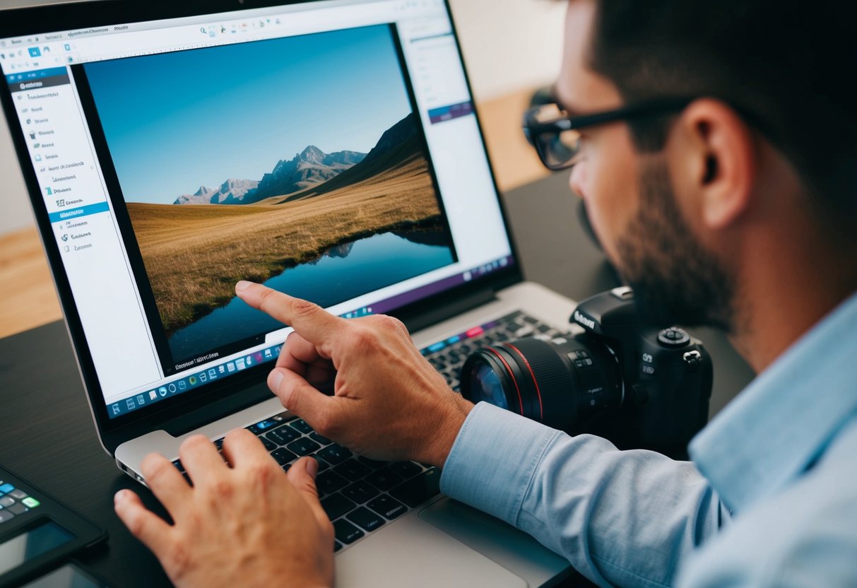 A photographer using software to enhance a landscape photo, adjusting colors and contrast for better engagement
