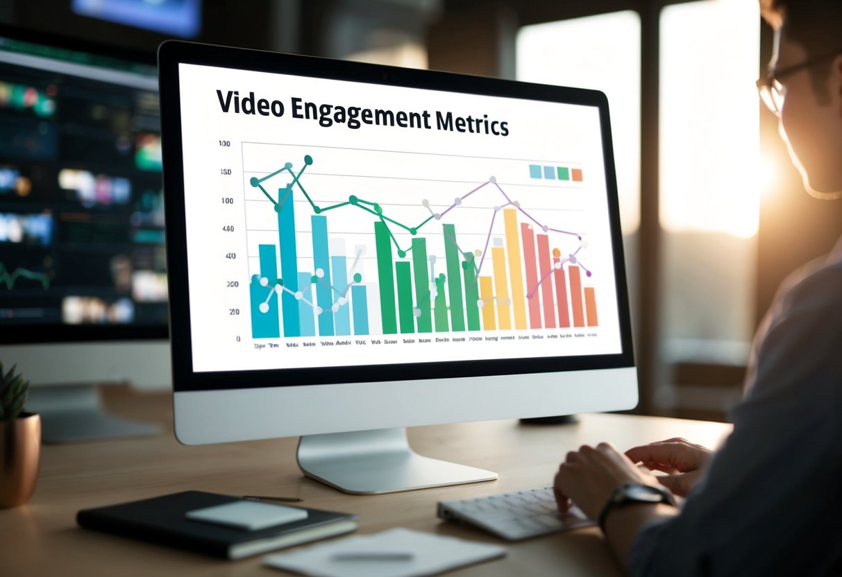 A computer screen displaying a graph of video engagement metrics with various data points and lines representing viewer interactions