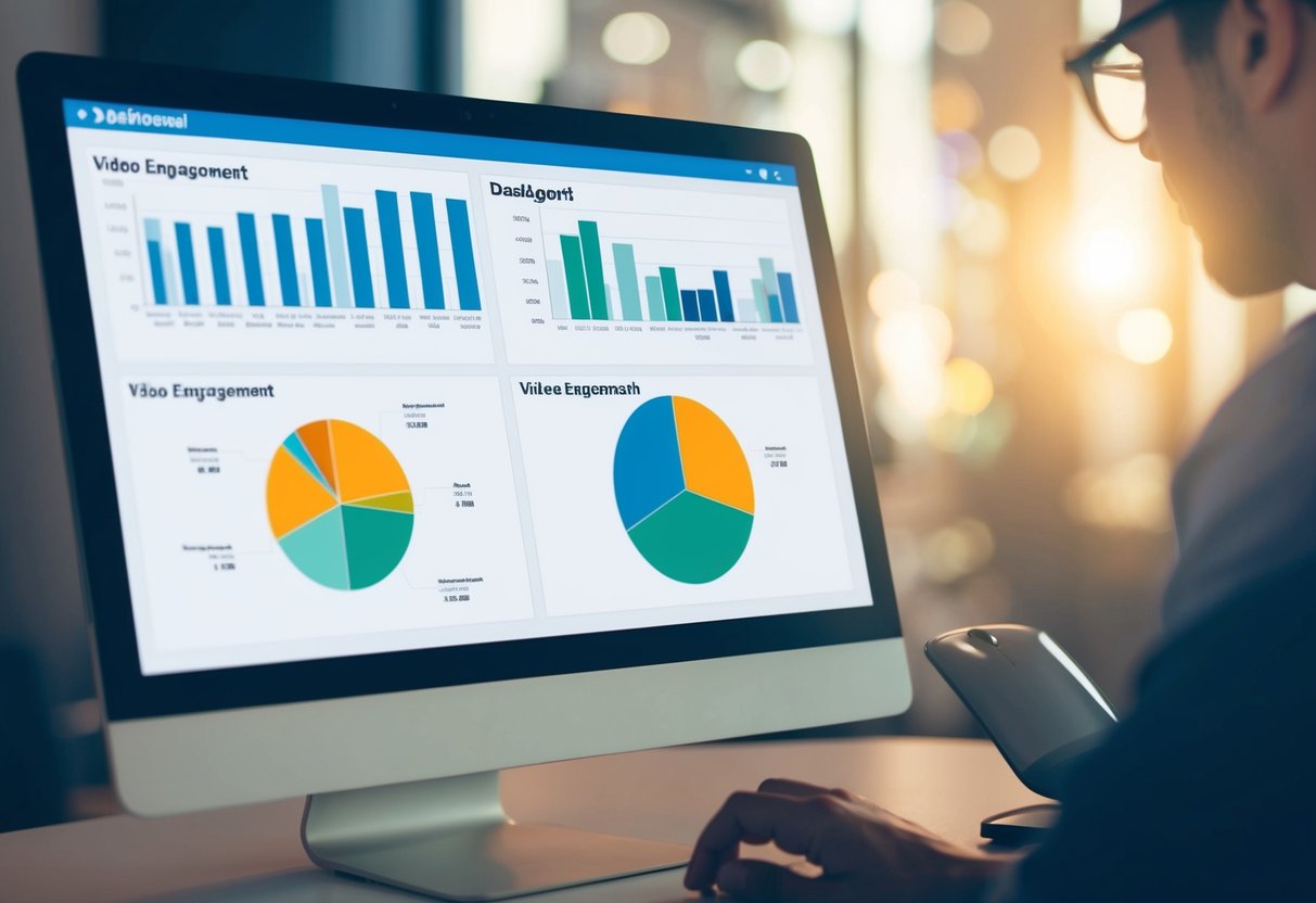 A computer screen displaying a dashboard with various graphs and charts tracking video engagement metrics. A mouse cursor hovers over a specific data point