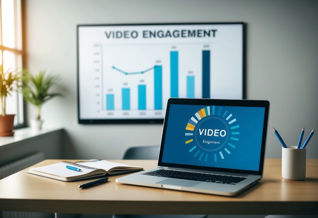 A desk with a laptop, notebook, and pen. A chart showing video engagement metrics on the wall