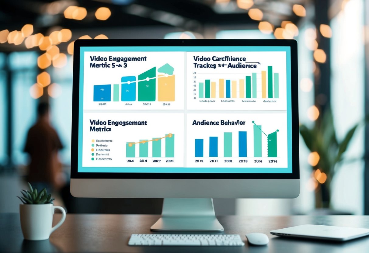 A computer screen displaying various graphs and charts tracking video engagement metrics and audience behavior