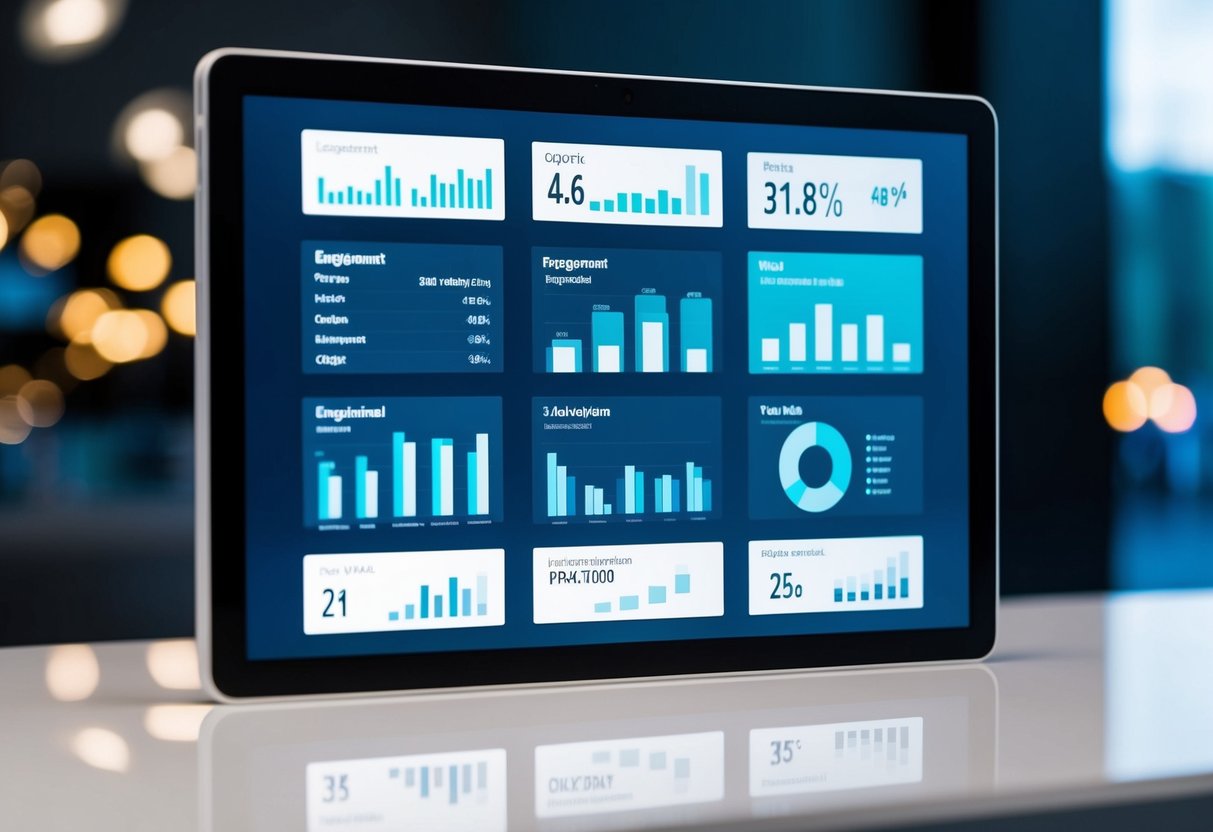 A digital screen displaying various video engagement metrics and data charts