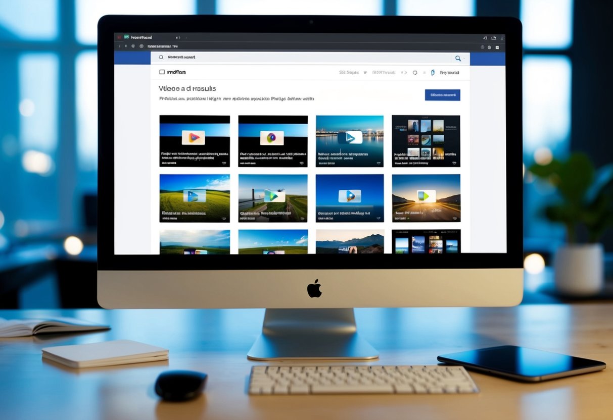 A computer screen displaying a video and image search results page with various thumbnails and video previews