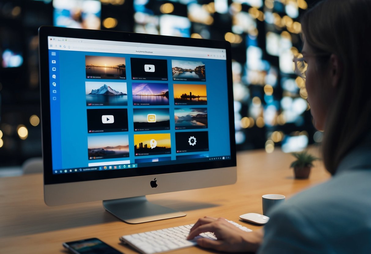 A computer screen displaying a video search engine interface with various thumbnails of indexed videos and images