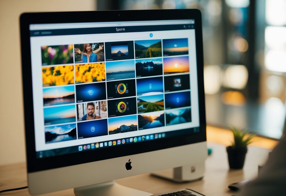 A computer screen displaying a grid of colorful images and video thumbnails, with a search bar at the top